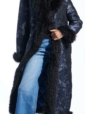Navy Floral Jacquard Trench Coat with Black Faux Fur Trim